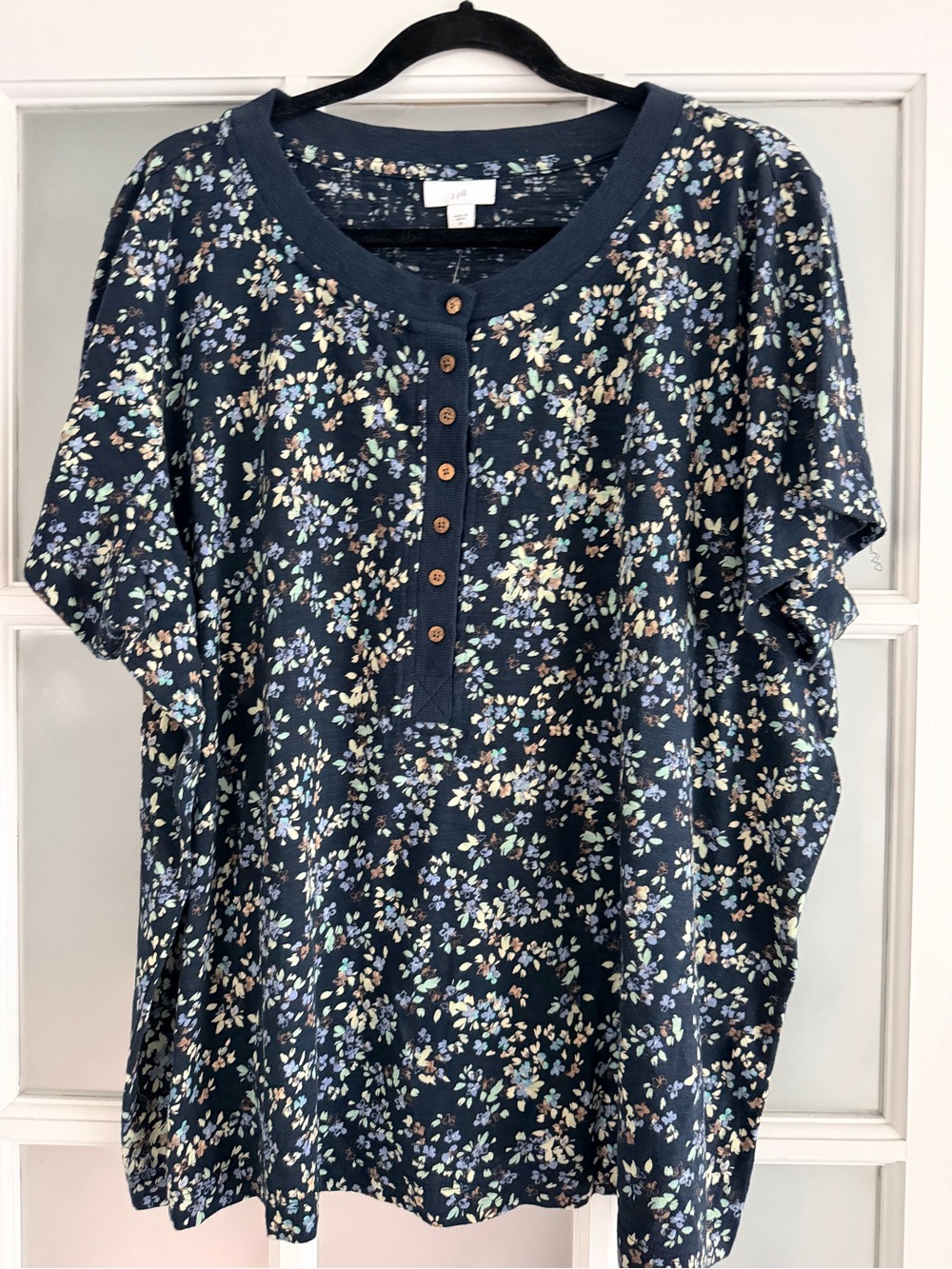 J. Jill Navy Floral Henley Tee with Button Placket